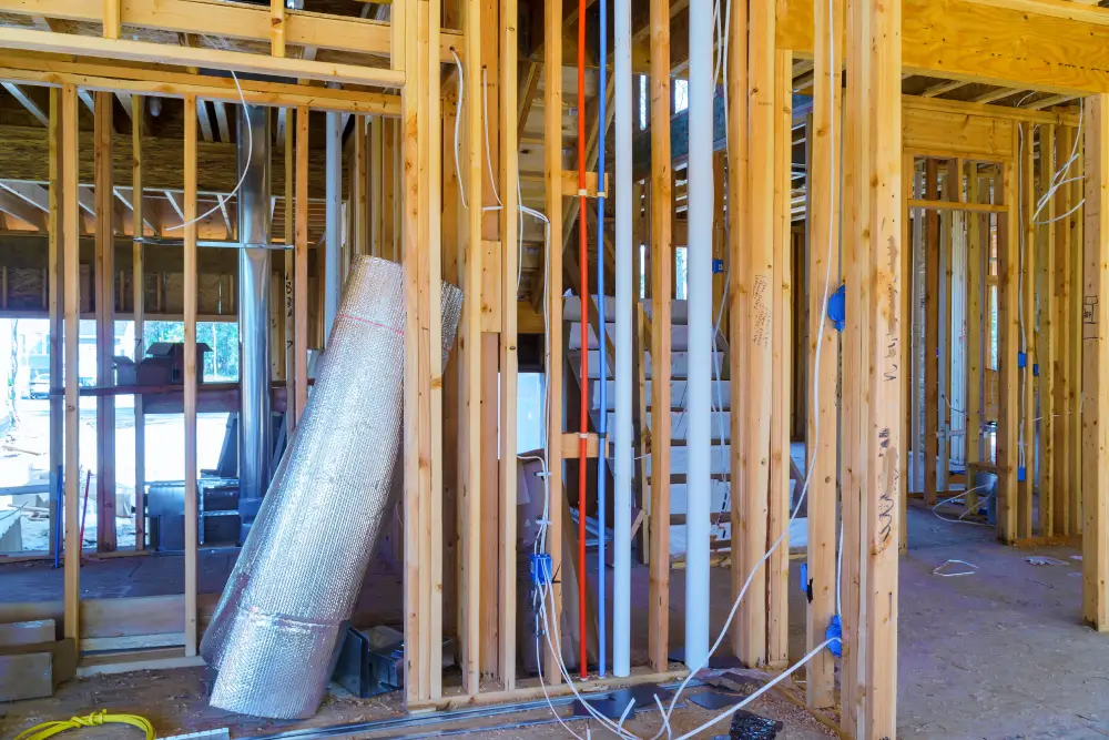 Structural repairs New construction of beam construction house framed the ground up framing against a blue sky