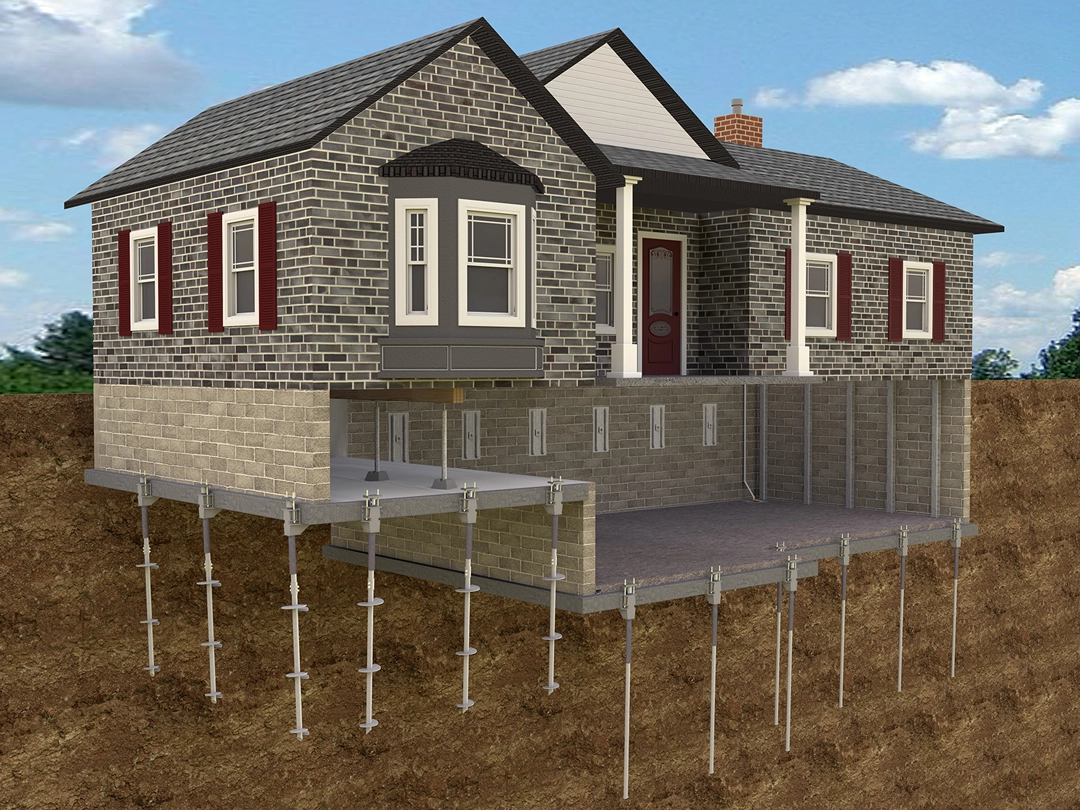FOUNDATION PIERS 3D illustration of a house with a brick exterior, elevated on steel piers, showcasing foundation support techniques underground